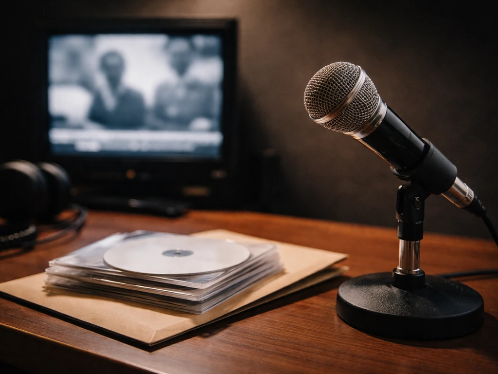 Minimal media-themed scene with a vintage microphone on a desk, hinting at documentary distribution.