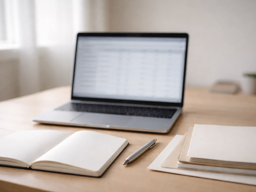 Minimal desk scene with a laptop and blurred spreadsheet-like table suggesting an estimate workflow.