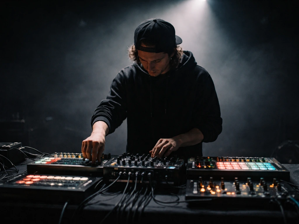 Electronic musician performing with glowing synth gear on stage in soft concert lighting