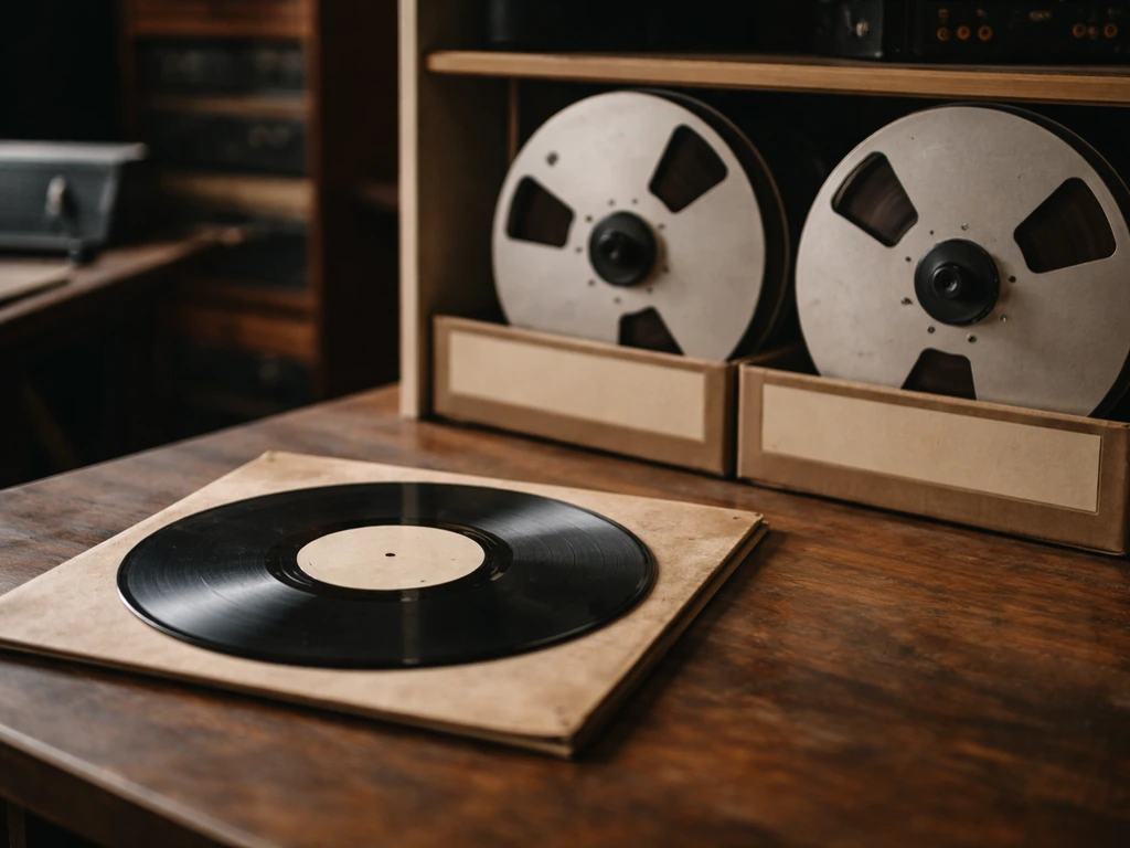 Close-up of a vinyl record sleeve with a music label and master-tape reels in a dim studio room.