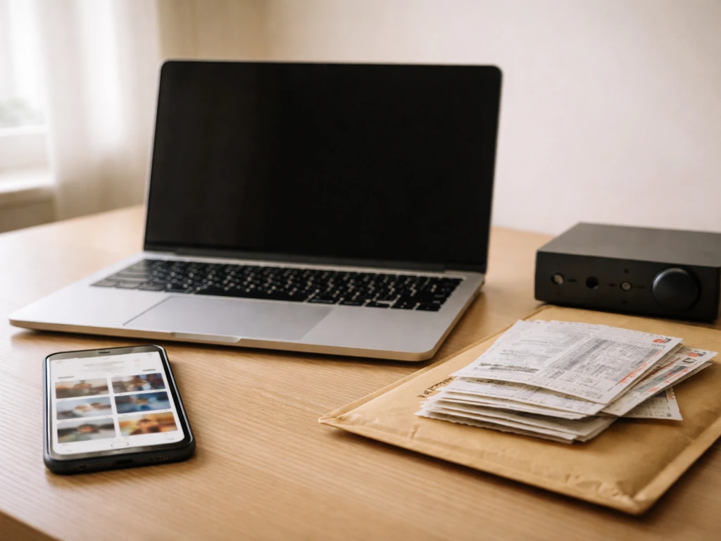 Anonymous desk setup with phone, laptop, receipts, and ticket stubs suggesting net-worth source verification.