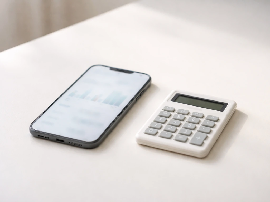 Minimal desk scene with a smartphone displaying blurred analytics and a calculator nearby, suggesting YouTube ad revenue