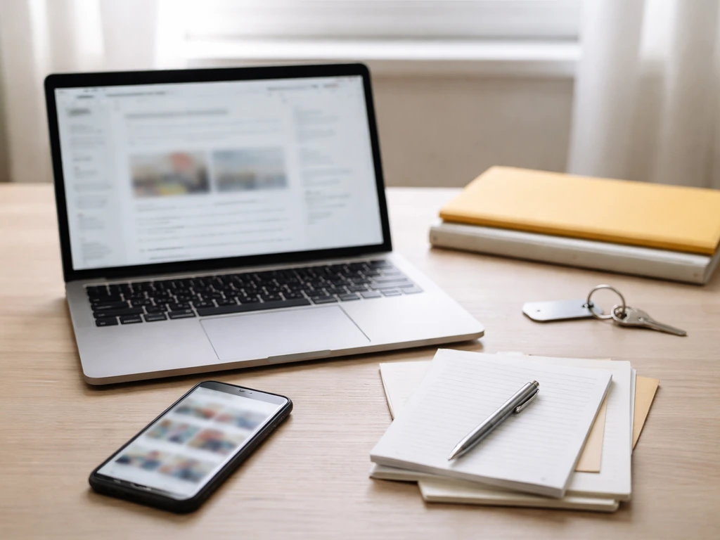 Minimal desk scene with laptop, smartphone, and printed notes representing how to verify updates yourself.