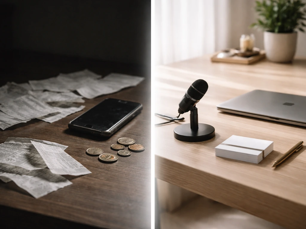 Minimal split desk scene symbolizing verified vs unverified money estimates, with studio and receipt items.