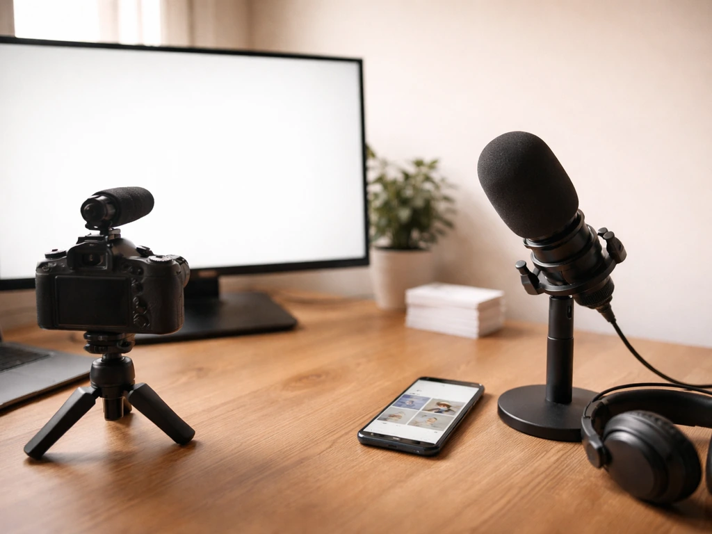 Anonymous studio desk with camera, microphone, and blank screen symbolizing a YouTube channel identity