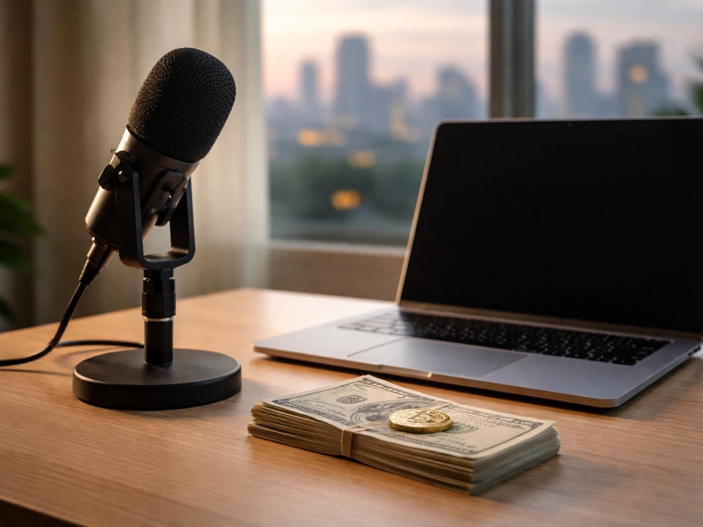 Minimal desk scene with studio microphone and small cash/coin stack symbolizing a YouTube net worth estimate.