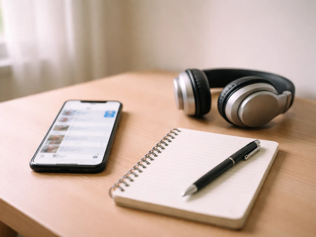 Minimal desk scene showing a smartphone beside a notepad and headset, suggesting verifying an online identity