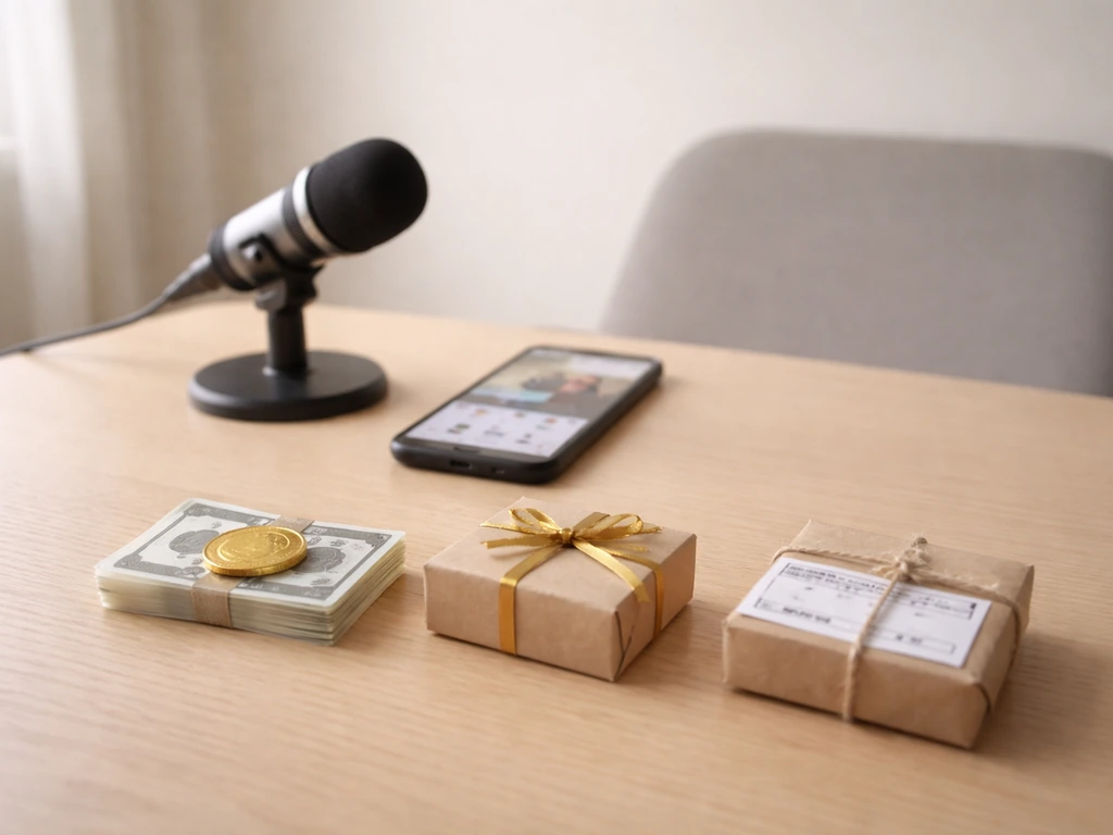 Minimal studio desk scene symbolizing multiple creator income streams: phone, microphone, and small payment tokens
