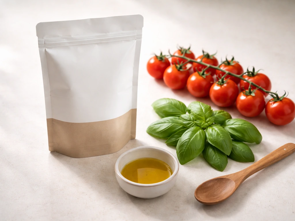 Minimal flat-lay of fresh ingredients and a premium snack package on a kitchen counter, styled like a sponsored post.