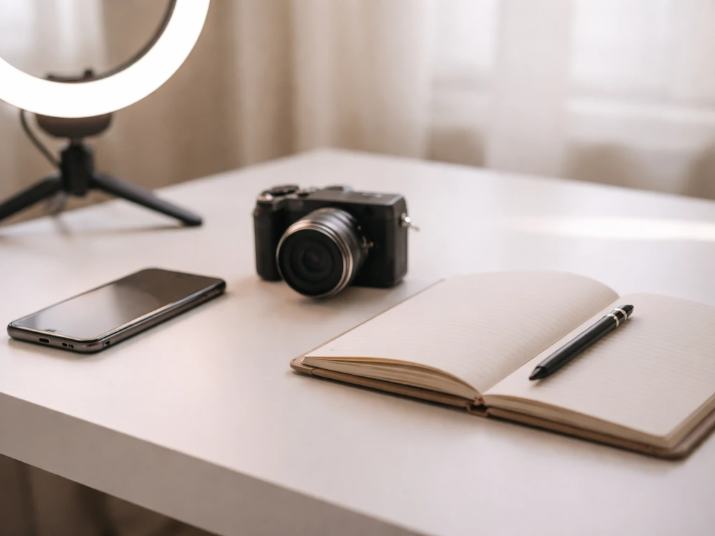 Minimal office desk setup with smartphone and camera gear symbolizing social media creator identity.