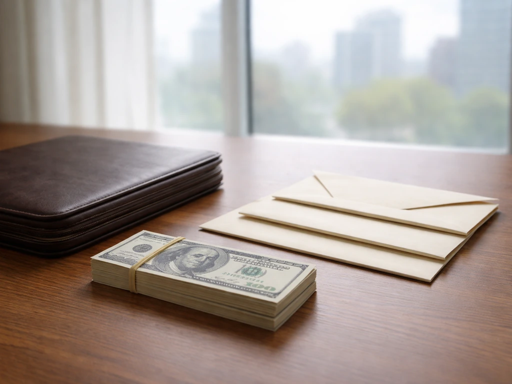 Minimal finance desk with envelopes and money, softly lit by a window, suggesting a credible net worth range.