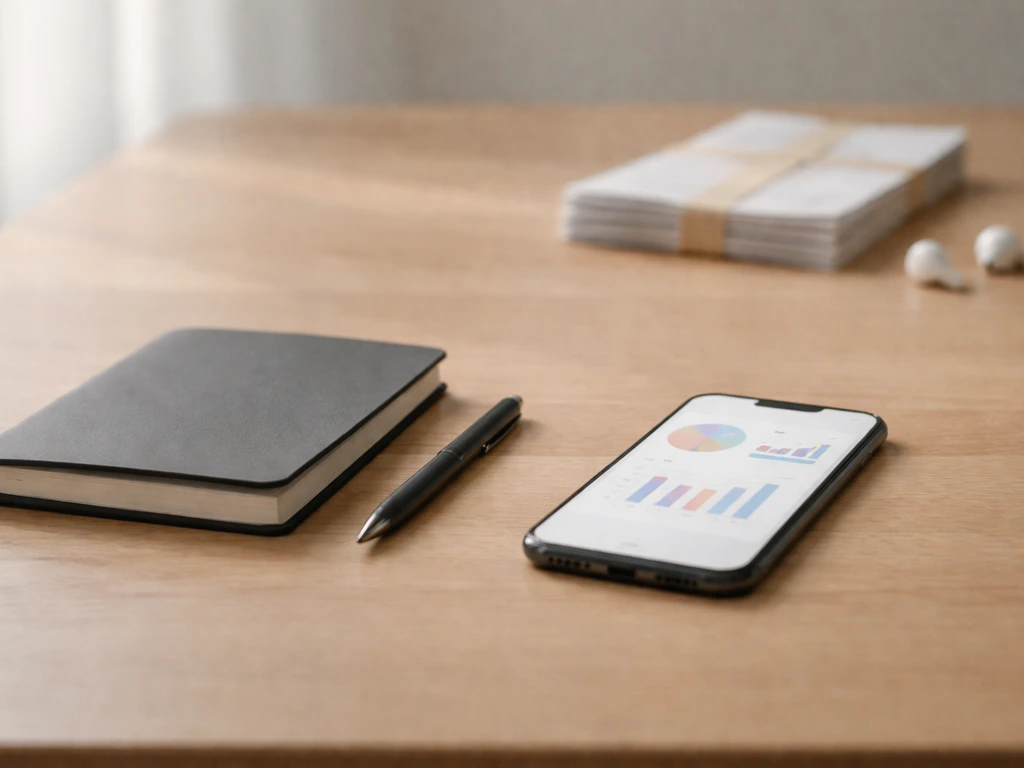 Close-up of a notebook checklist and smartphone showing analytics-style icons for verifying online claims