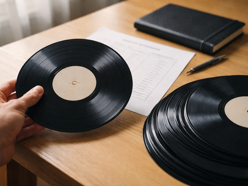 Minimal photo showing vinyl records and a generic royalty document on a desk, symbolizing music earnings