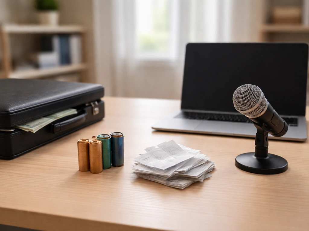 Money and media comparison: two empty desk setups with a camera and briefcase beside scattered cash.