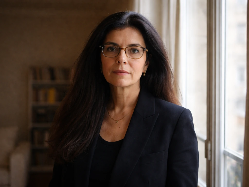 Françoise Bettencourt Meyers in a quiet Paris interior by a window, softly lit, minimal background.
