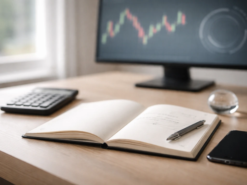 Minimal desk scene with blurred smartphone, business papers, and a symbolic ownership/valuation concept