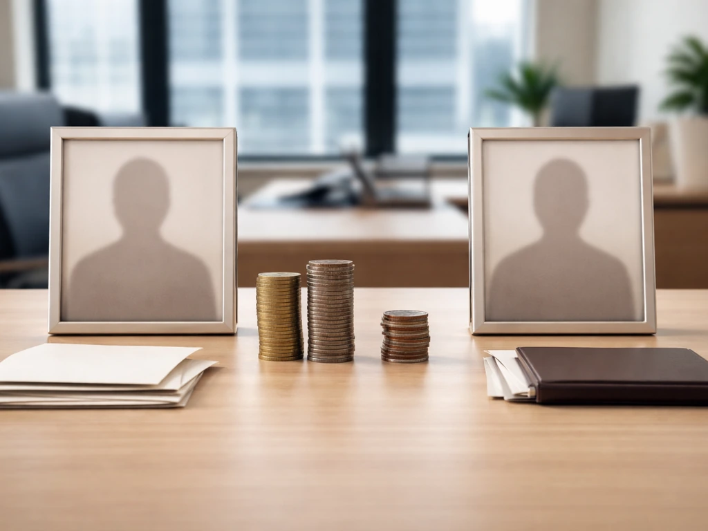 Minimal office desk with two blank photo frames and coin stacks suggesting wealth comparison.