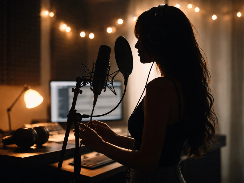 Woman’s silhouette performing near studio microphones, warm lights, subtle luxury mood suggesting music royalties.