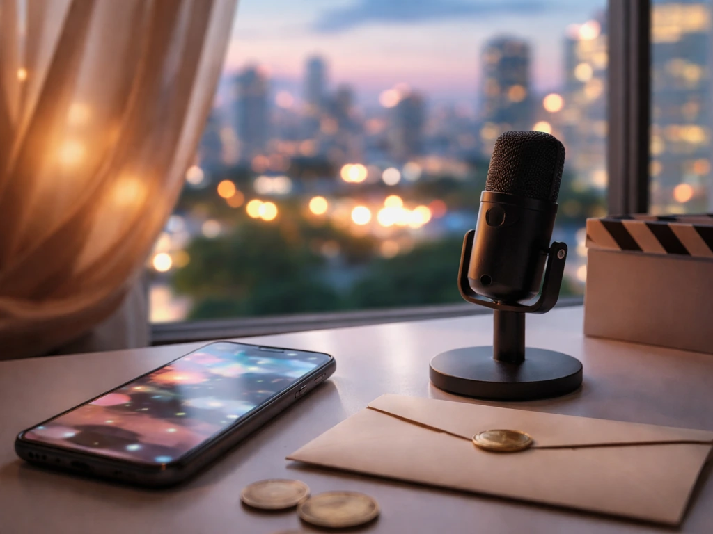 Smartphone, microphone, coins, and a dusk city view in a minimal collage-like hero image, no person or text.