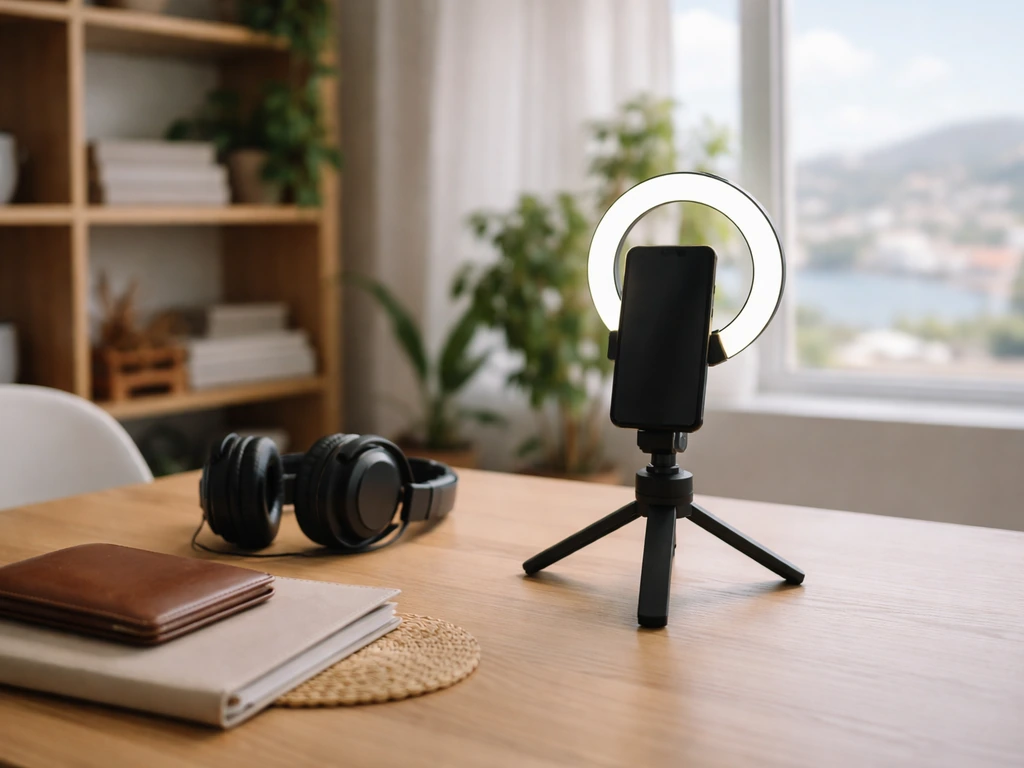 Minimal creator desk setup with smartphone tripod, ring light, and lifestyle items symbolizing social media presence.