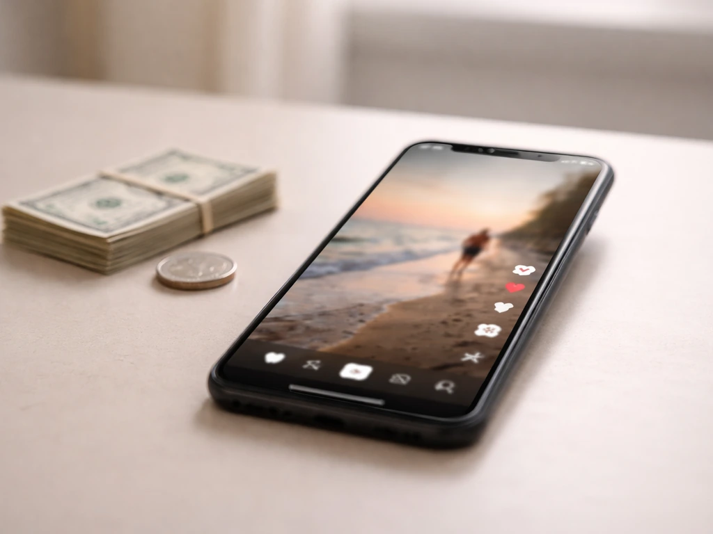 Close-up smartphone with a generic social video feed and small cash/coins symbolizing creator income