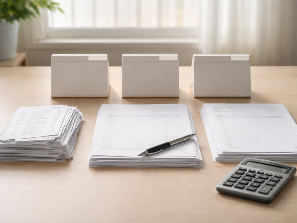 Minimal office desk with financial paper and calculator beside three blank note blocks for a net worth calculation
