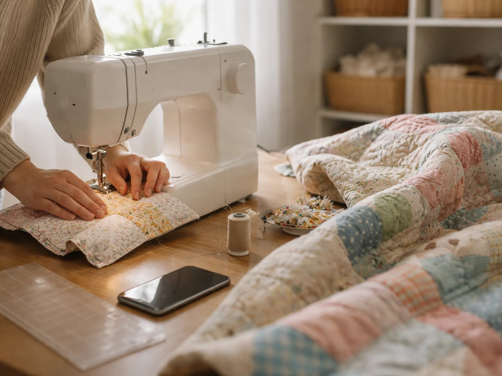 Anonymous hands quilting at a sewing machine with a partially finished quilt in a bright craft studio.