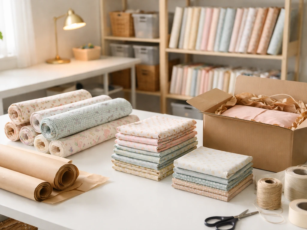 Bright back-room worktable with rolled quilt fabric and packing materials symbolizing online fabric sales.