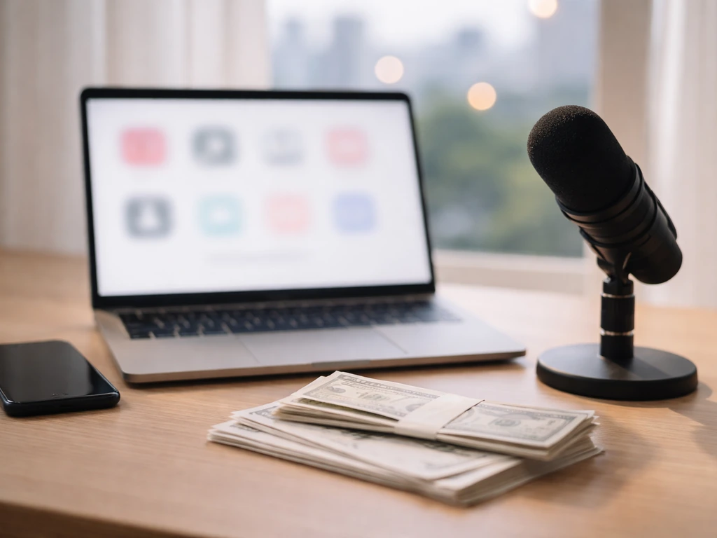 Minimal desk scene with laptop and phone hinting social media research alongside money and a microphone.