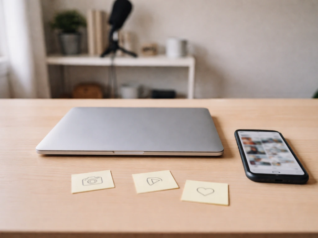Minimal desktop scene with anonymous social-media style icons on sticky notes near a laptop, symbolizing identity verifi