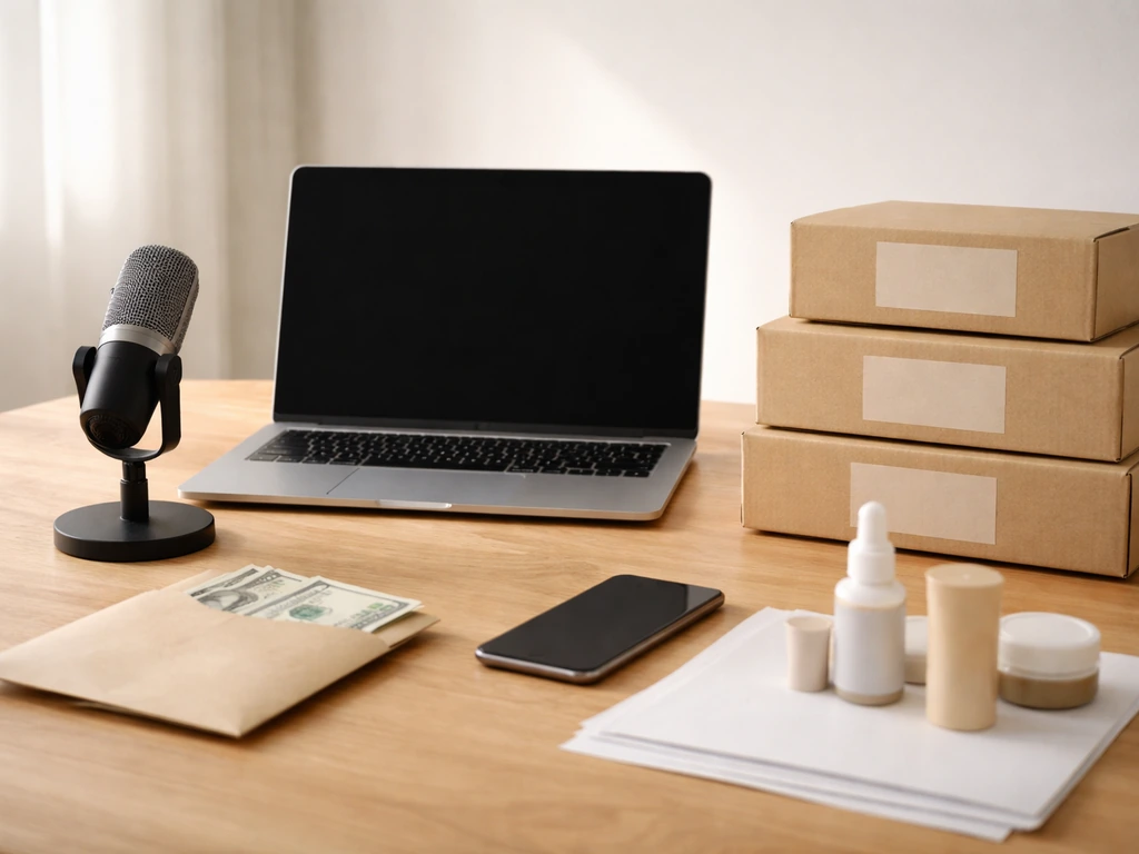 Minimal desk scene showing creator income streams: laptop, microphone, product boxes, and payment-like objects