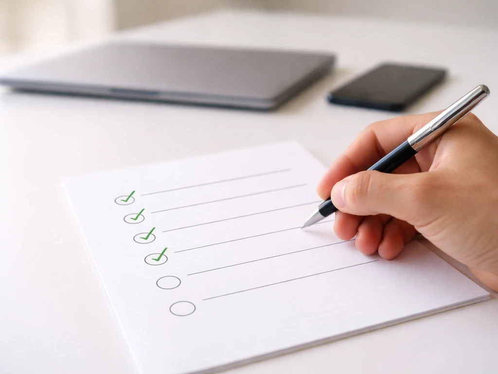 Hand with pen over a minimal evidence-checklist showing pass/fail circles on a quiet desk.