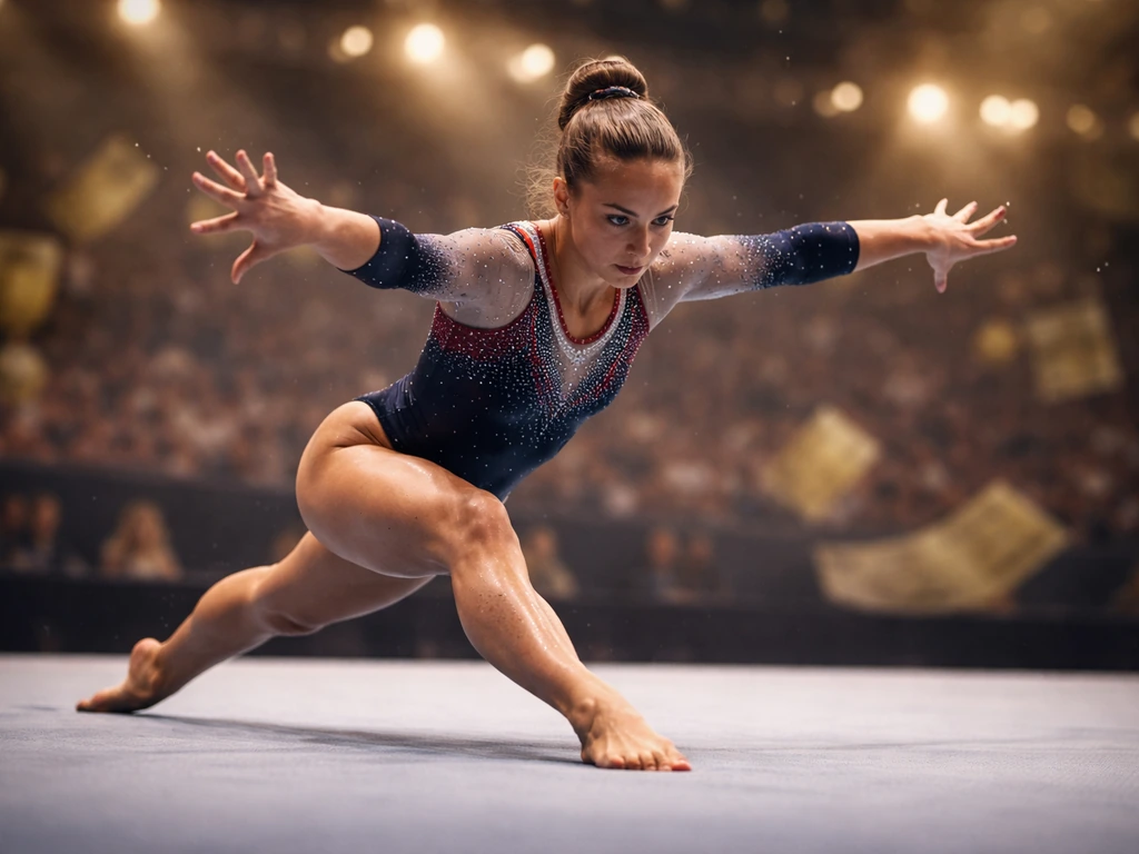 Female gymnast mid-floor routine under arena lights, with subtle wealth-themed symbols in the background blur.