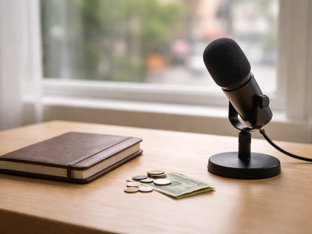 A minimalist desk scene with a microphone, notebook, and scattered coins symbolizing wealth analysis.
