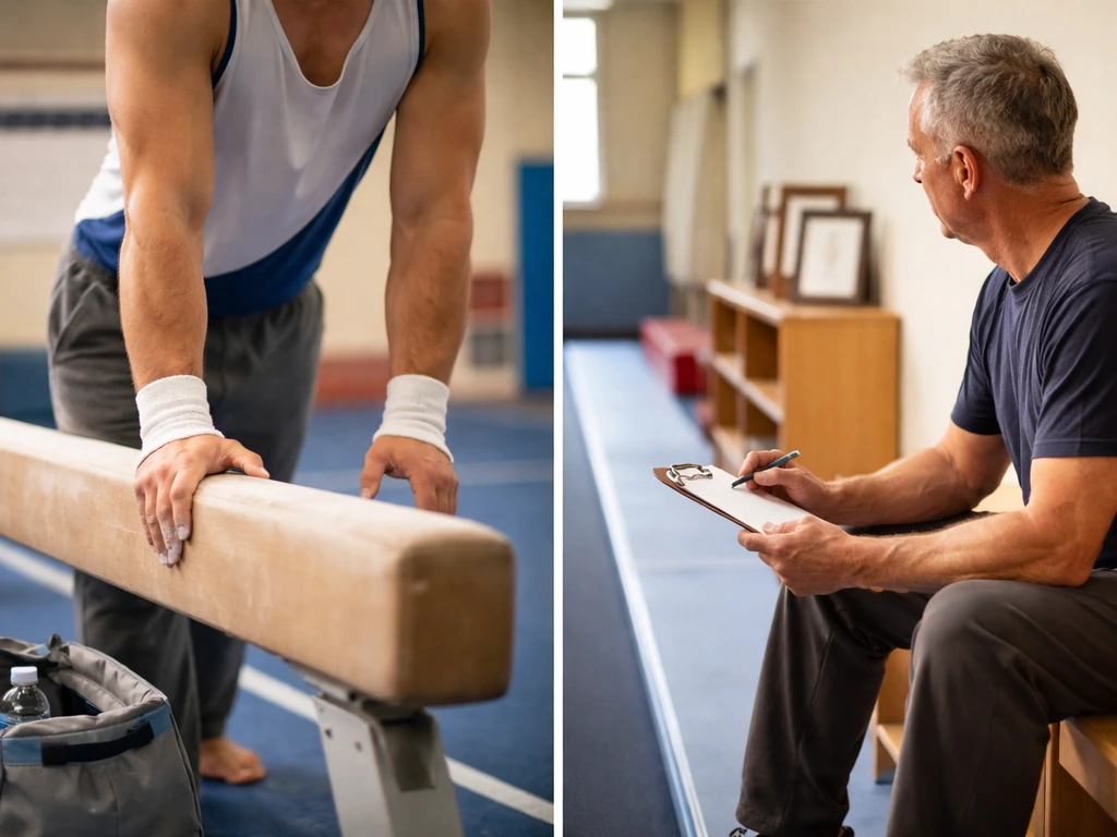 Split-scene of anonymous gymnast training vs retired-style coaching, symbolizing peak vs accumulated wealth timing.