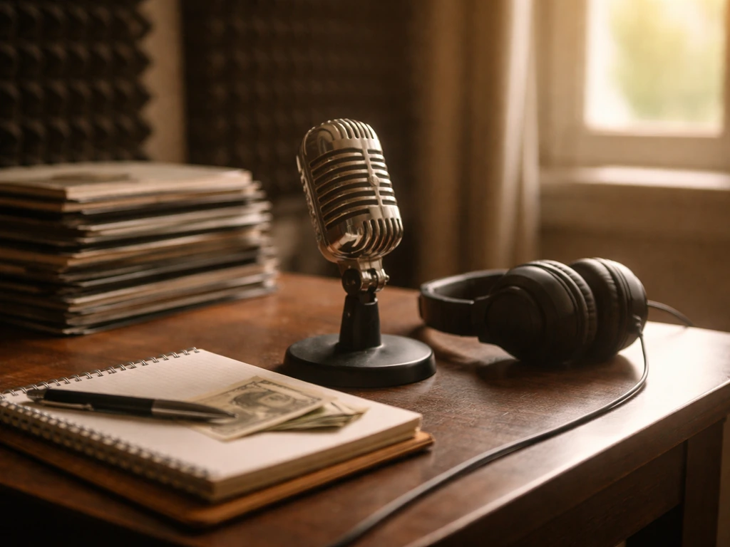 Close-up of a reggaeton artist-style microphone in a dim home studio, suggesting music success and wealth.