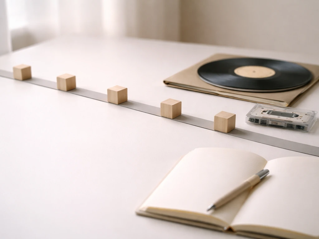 Minimal desk scene with a ribbon timeline and music memorabilia markers, symbolizing career milestones.