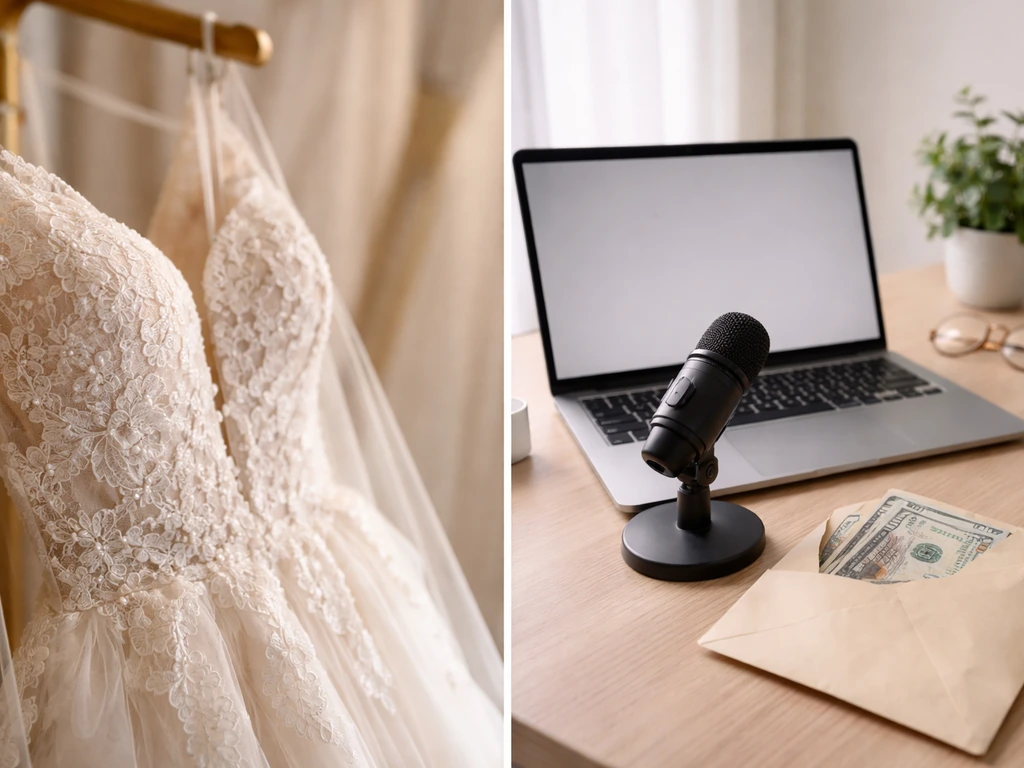 Split wedding boutique fabric close-up with a finance-media vibe: contract papers, microphone, and money envelope.