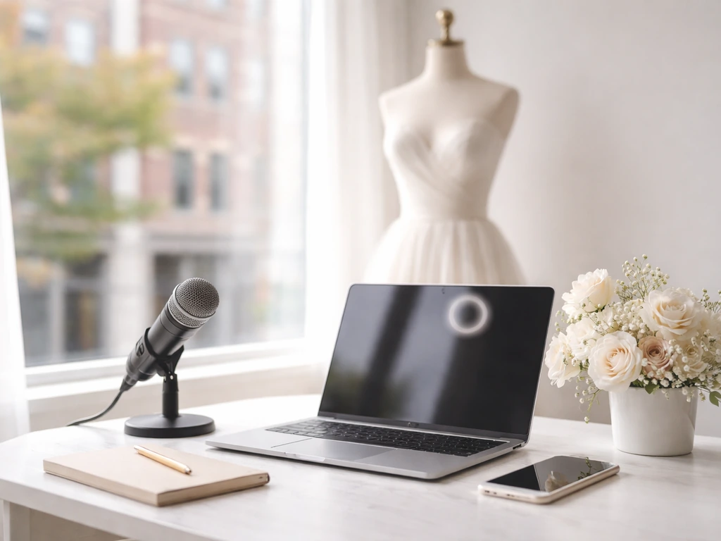 Minimal bridal boutique workspace with dress form, smartphone/laptop, microphone, and bouquet in soft daylight.