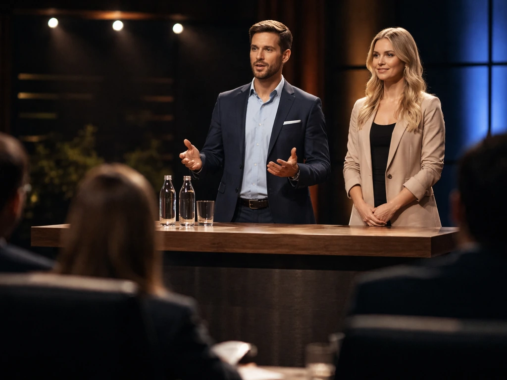Two entrepreneurs in business attire pitch ideas to a panel on a brightly lit TV studio set.