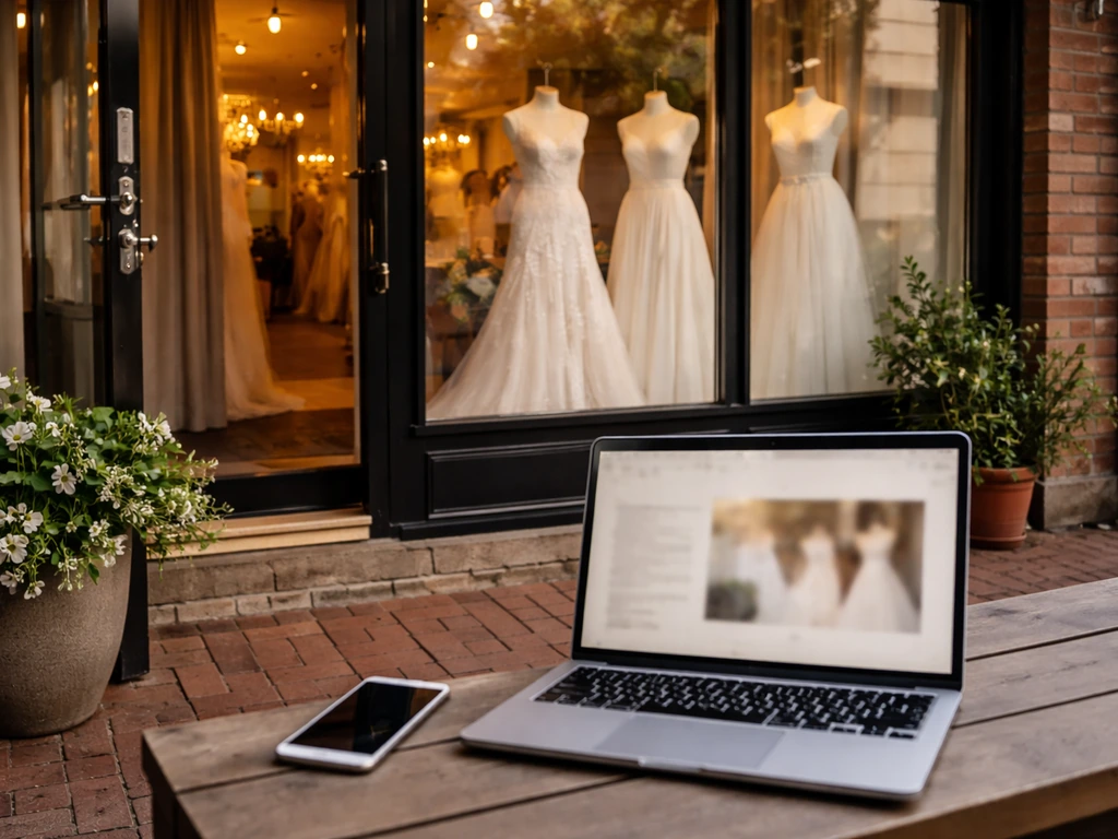 Baltimore bridal boutique storefront with laptop and phone implying virtual and in-person styling services