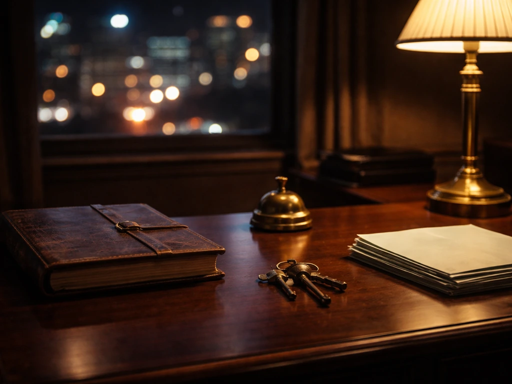 Empty office desk with a vintage ledger, keys, and warm lamp light suggesting a historic entrepreneur power vibe.