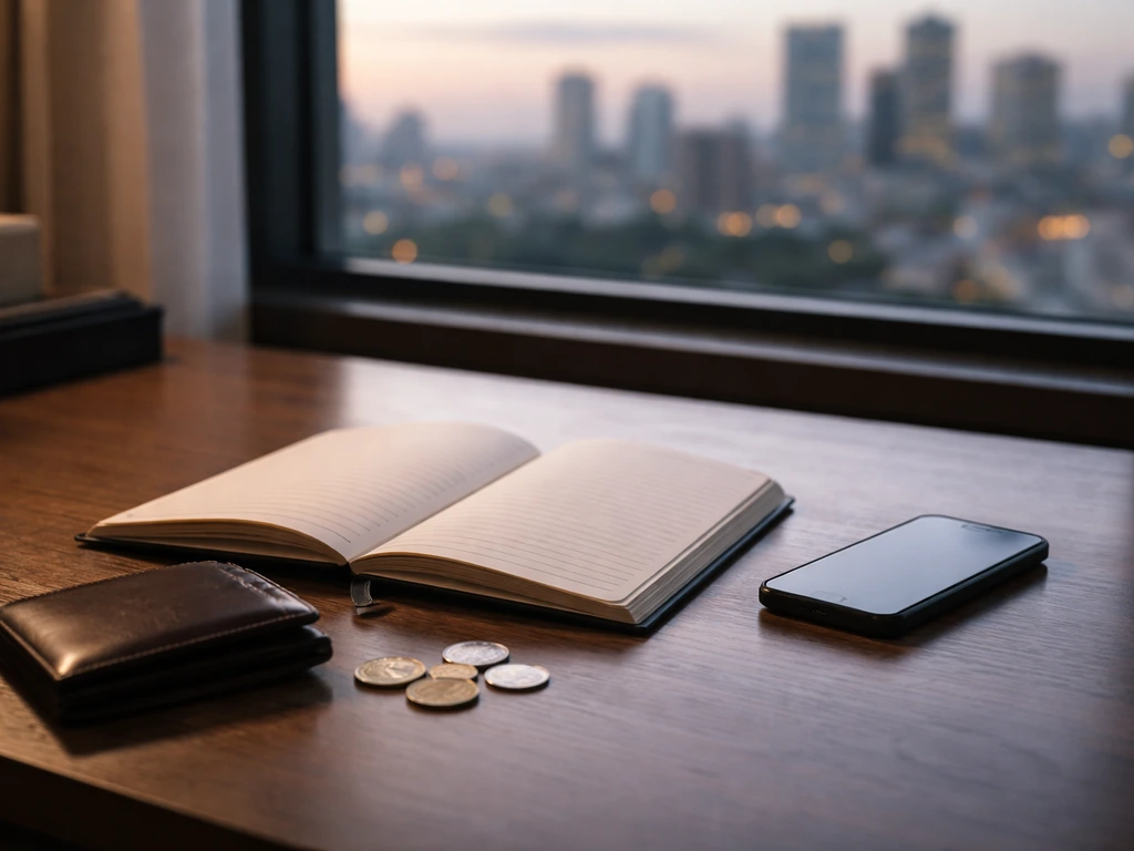 Minimal office desk with wallet and coins beside a phone, symbolizing a conservative-to-upper net worth range.
