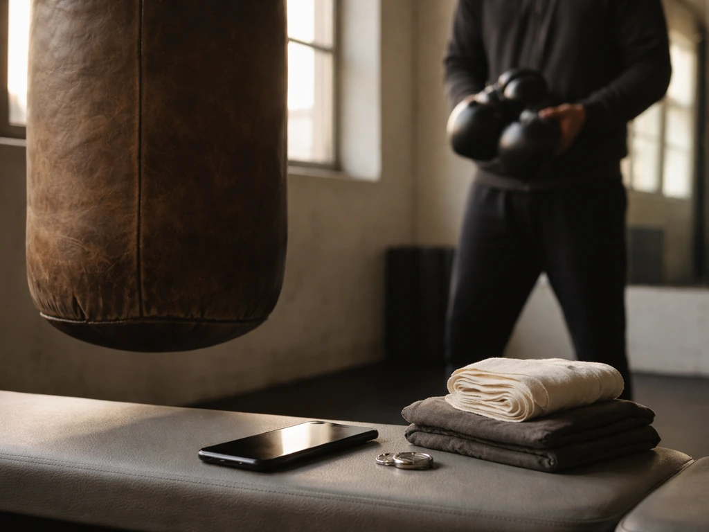 Boxing gym scene with non-identifiable coach, gloves and heavy bag, smartphone and coins for wealth theme