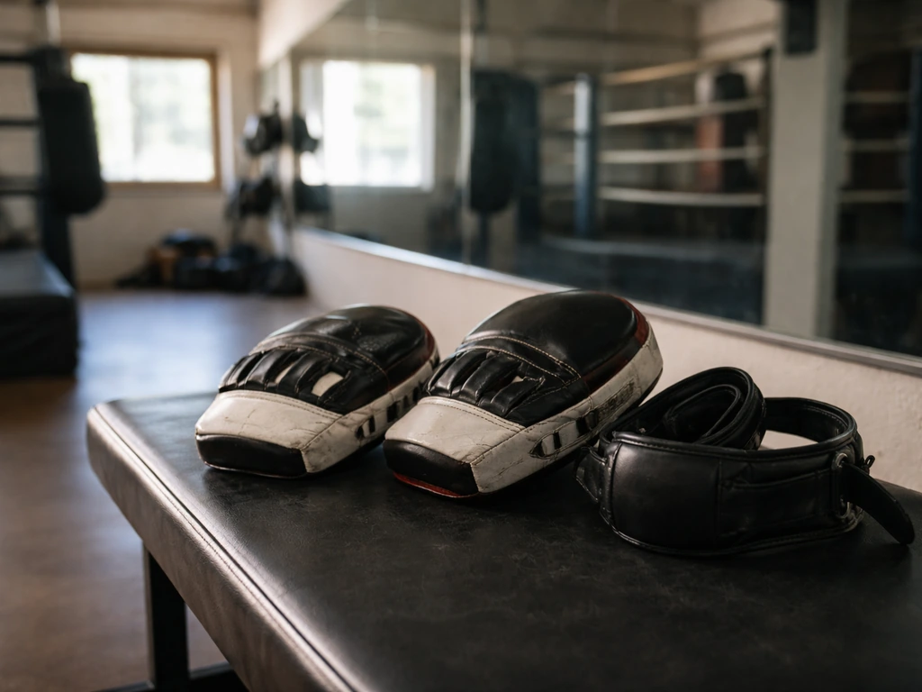 Boxing coaching scene with focus mitts and a gym background symbolizing a coaching brand and media presence.