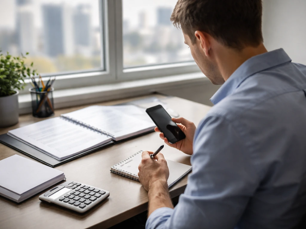 Anonymous person at a desk reviewing documents and notes about financial estimates in natural light.