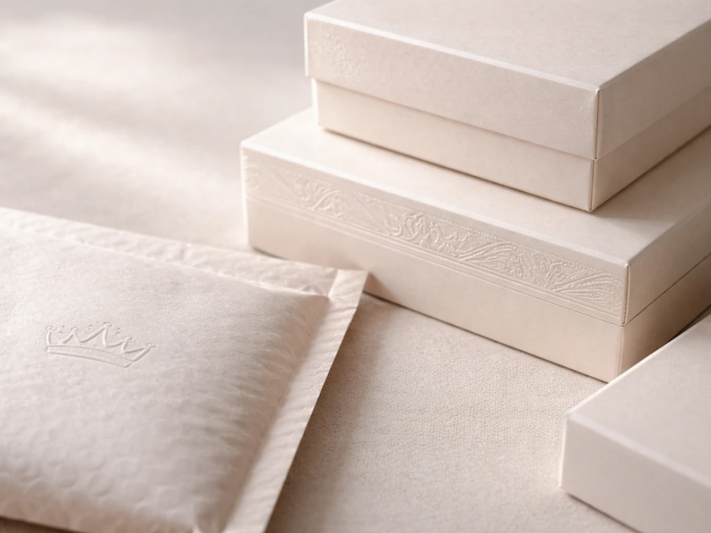Close-up of luxury brand packaging and an e-commerce shipment box with a subtle crown motif