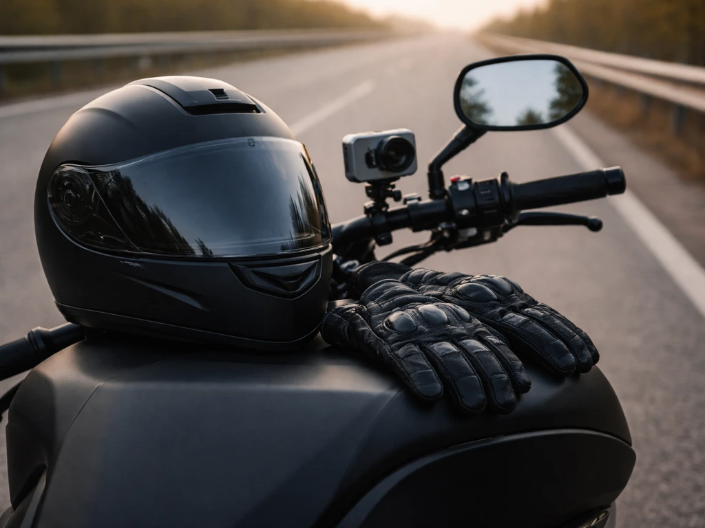 Helmet and gloves on a motorcycle seat with an action camera, road ahead—motovlogging vibe, no people.