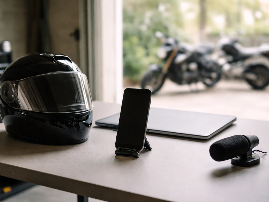 Minimal motovlog-style studio desk with smartphone, microphone, and motorcycle helmet—symbolic identity verification