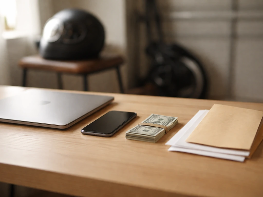 Home office desk with cash, blank envelopes, and a phone beside a motorcycle-themed background, symbolizing income strea